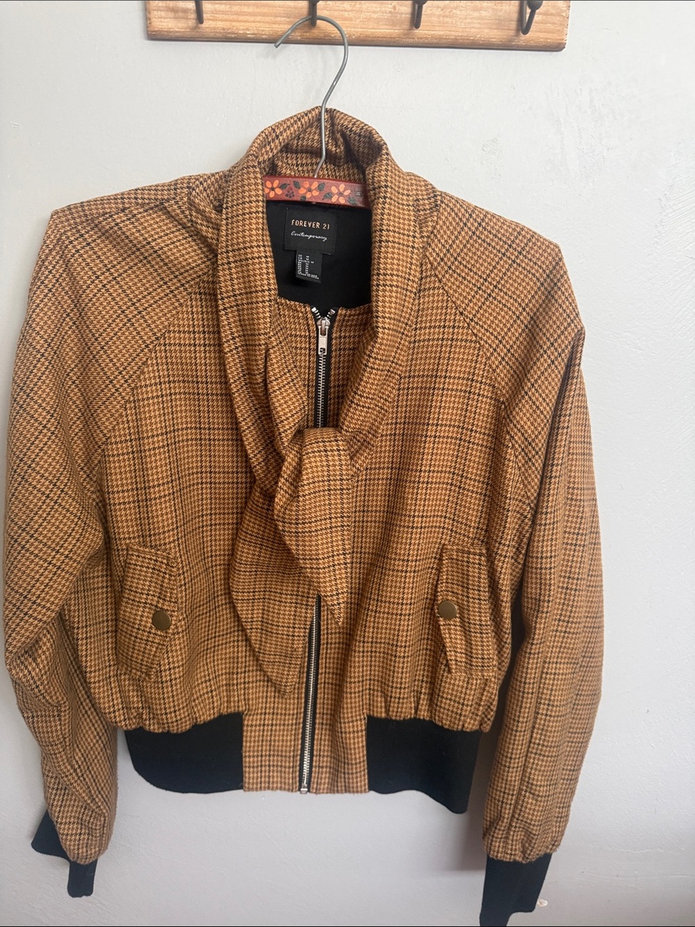 Forever 21 Houndstooth Tie-Neck Bomber Jacket